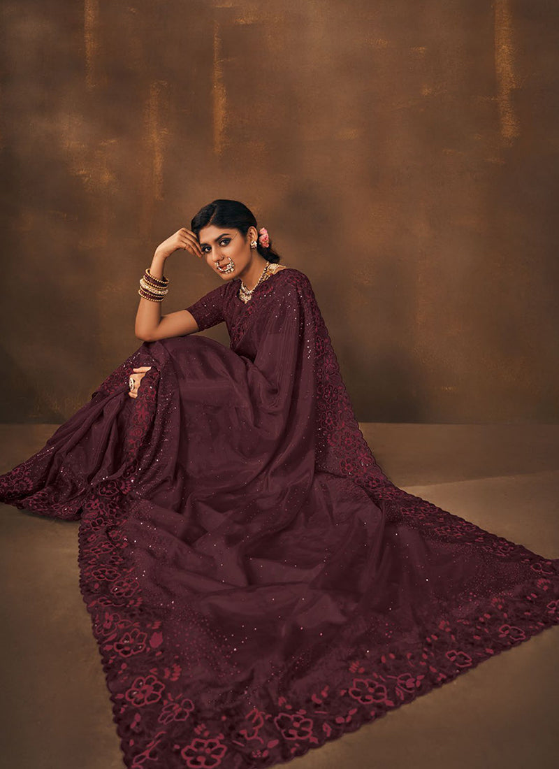 Wine Sequence Embroidery Wedding Saree