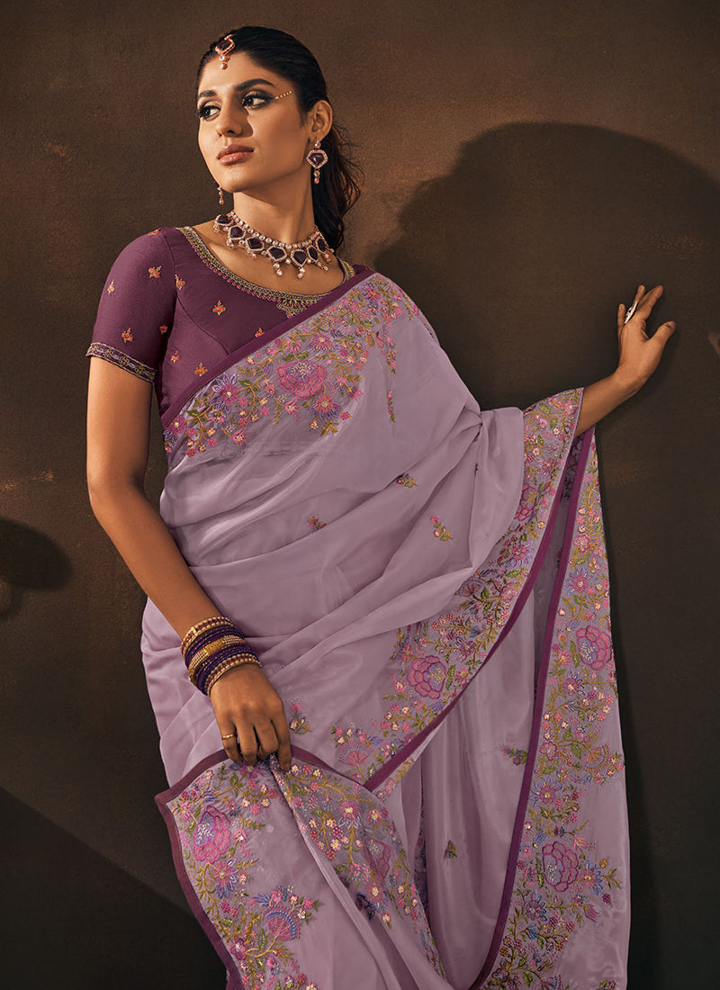 Lavender Sequence Embroidery Wedding Saree