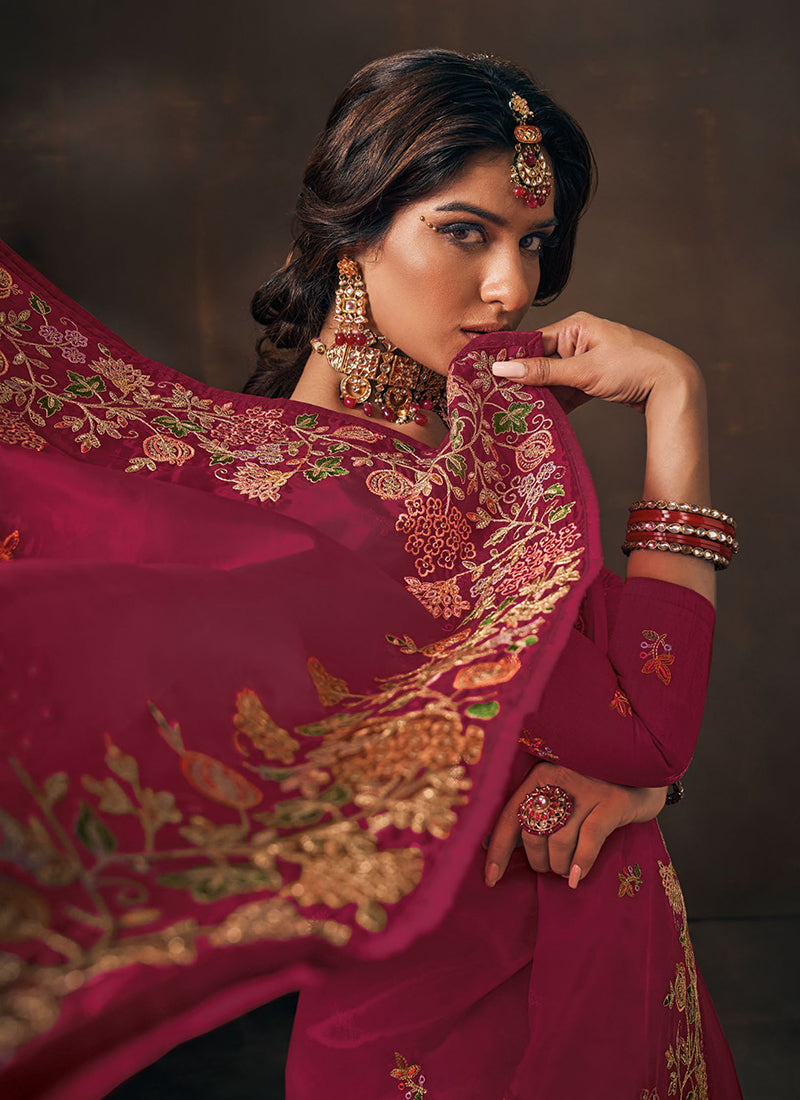 Magenta Sequence Embroidery Wedding Saree