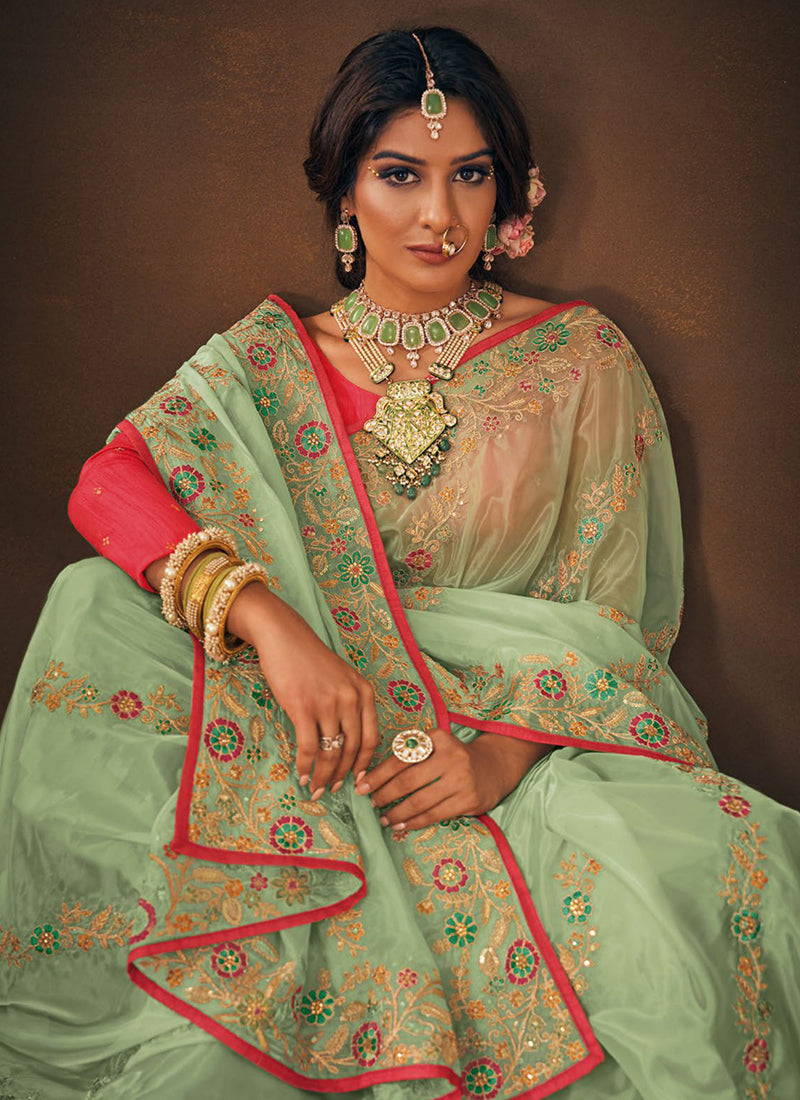 Mint Green Sequence Embroidery Wedding Saree