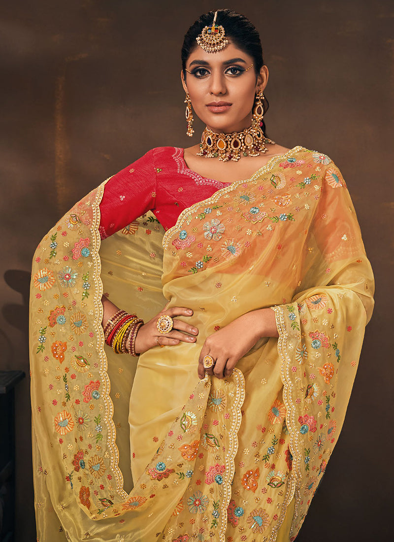 Yellow Sequence Embroidery Wedding Saree