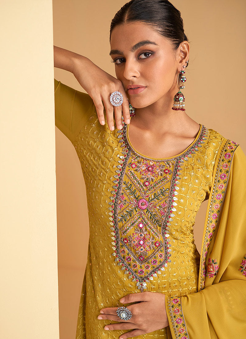 Mustard Yellow Multi Embroidery Festive Palazzo Suit