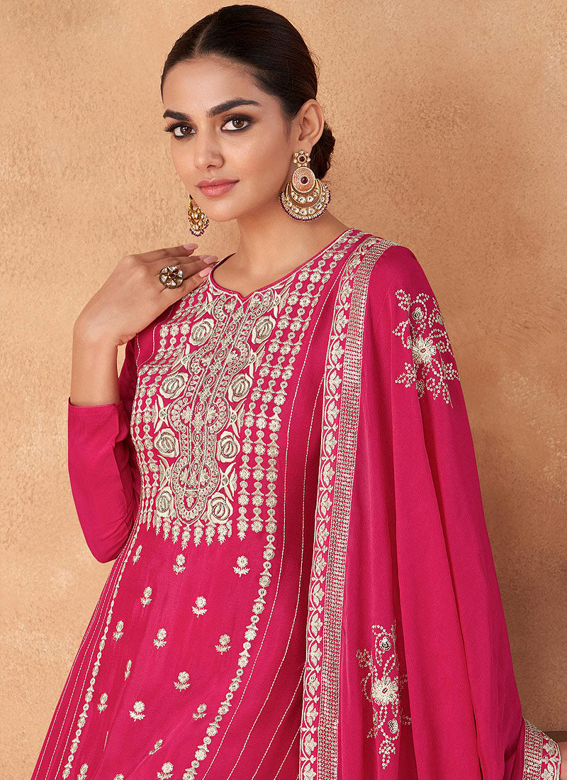 Hot Pink Sequence Embroidery Traditional Palazzo Suit