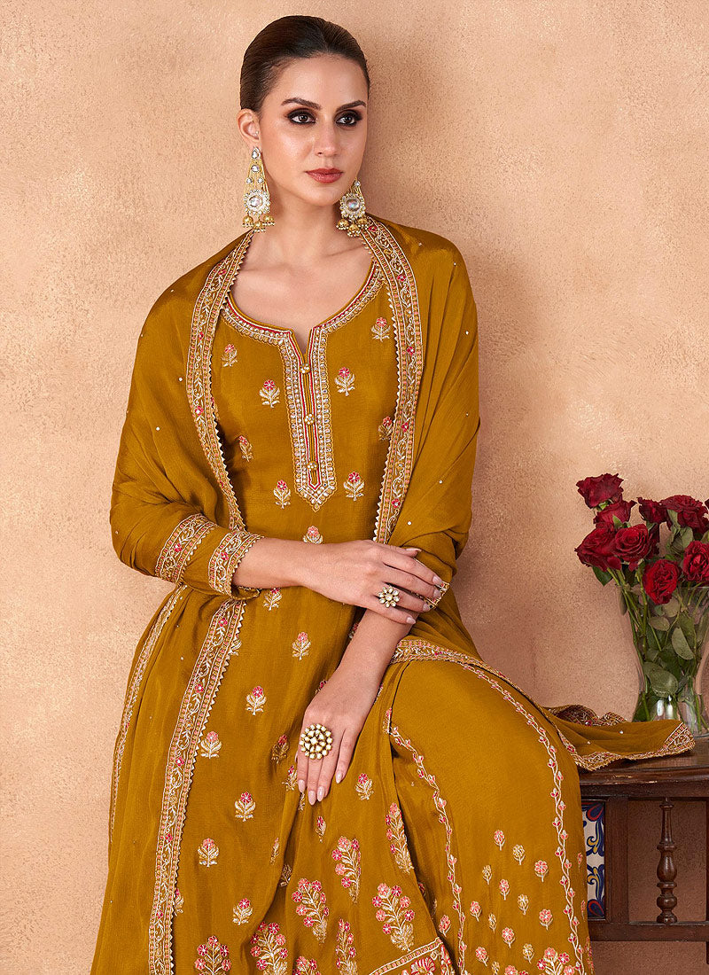 Mustard Yellow Multi Embroidery Traditional Palazzo Suit