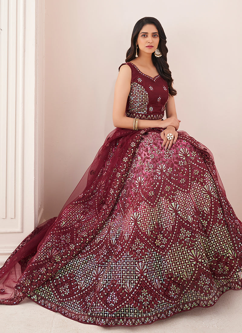 Burgundy Sequence Embroidery Wedding Lehenga Choli