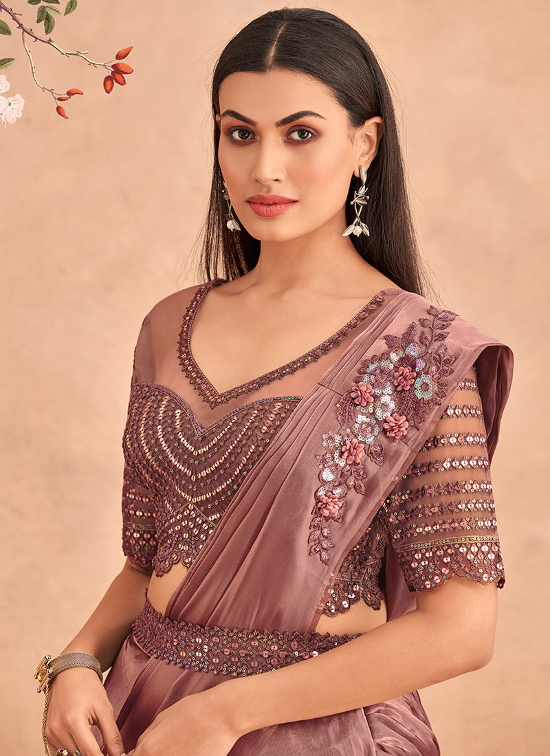 Mauve Appliqué And Sequence Embroidery Lehenga Saree