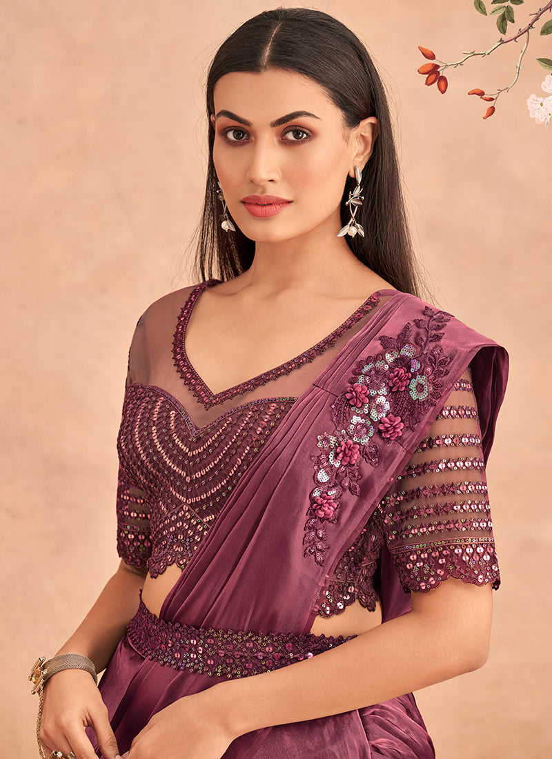 Purple Appliqué And Sequence Embroidery Lehenga Saree