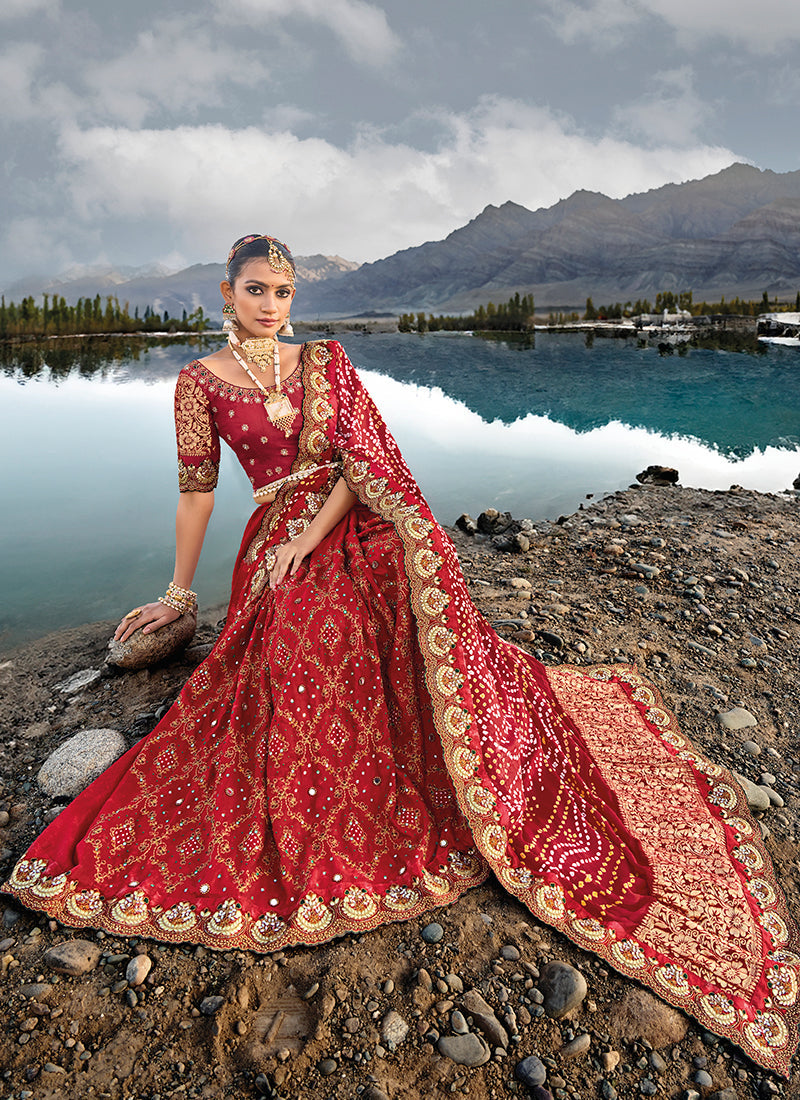 Bridal Red Multi Embroidery Bhandhej Satin Silk Saree