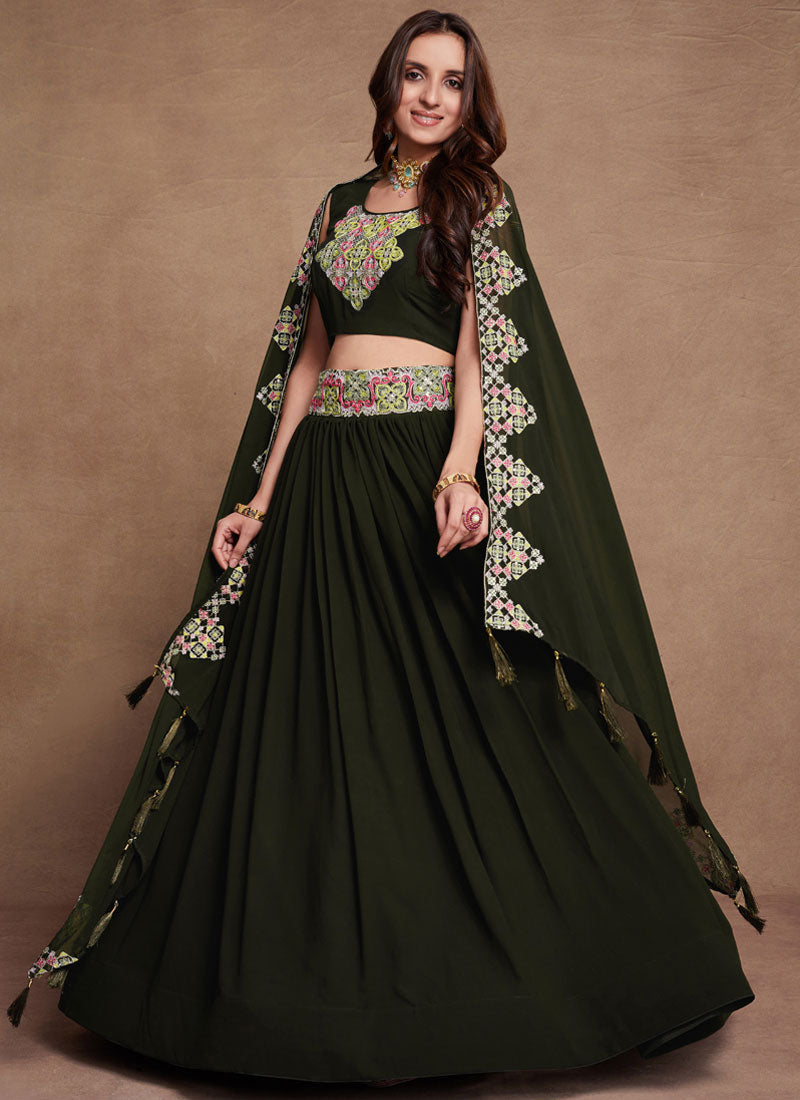 Dark Green Thread And Sequence Embroidery Wedding Lehenga Choli