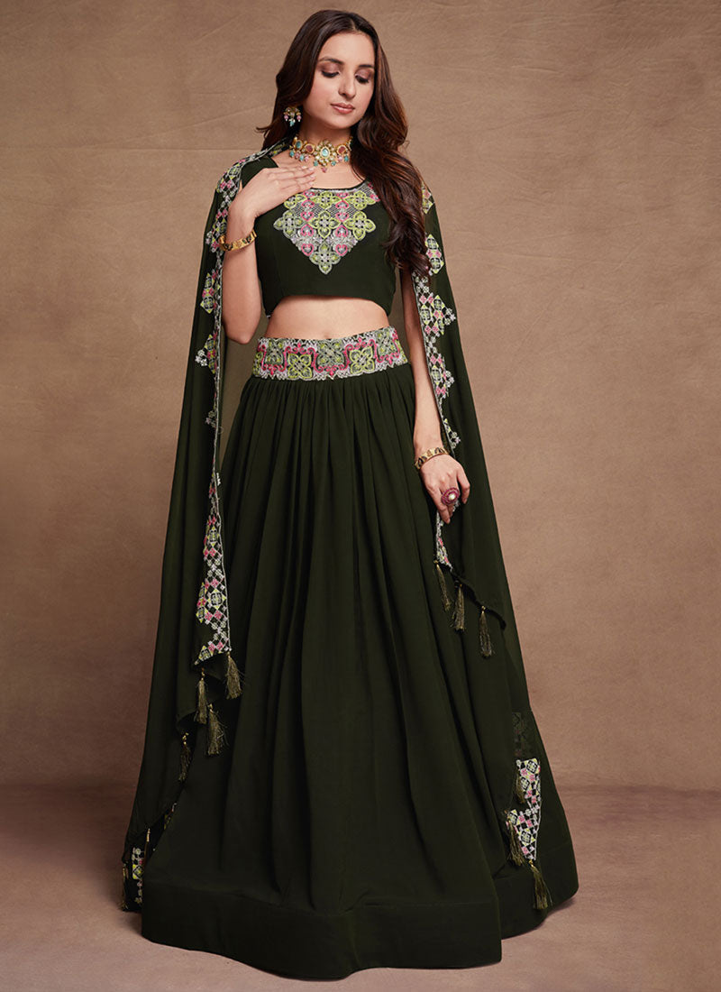 Dark Green Thread And Sequence Embroidery Wedding Lehenga Choli