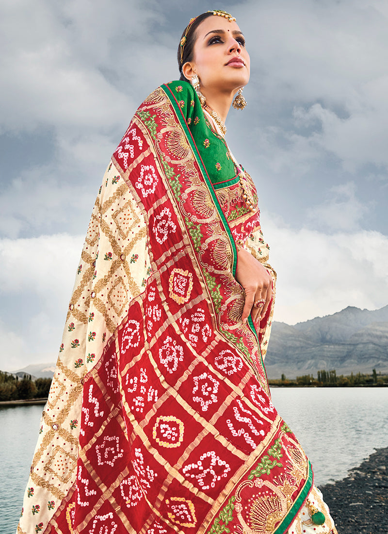 Off White And Green Multi Embroidery Bhandhej Satin Silk Saree