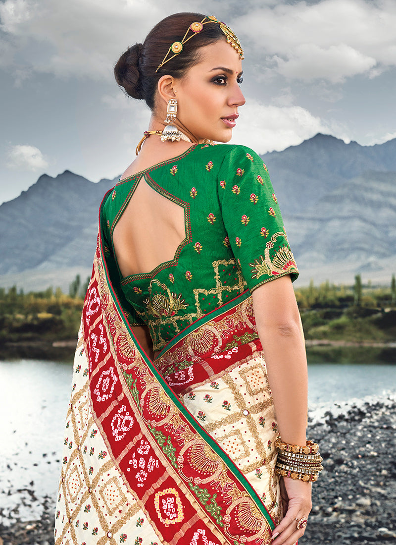 Off White And Green Multi Embroidery Bhandhej Satin Silk Saree