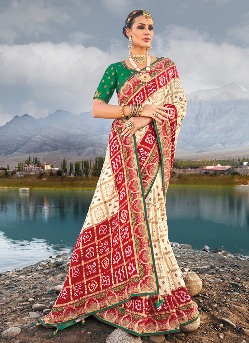 Off White And Green Multi Embroidery Bhandhej Satin Silk Saree