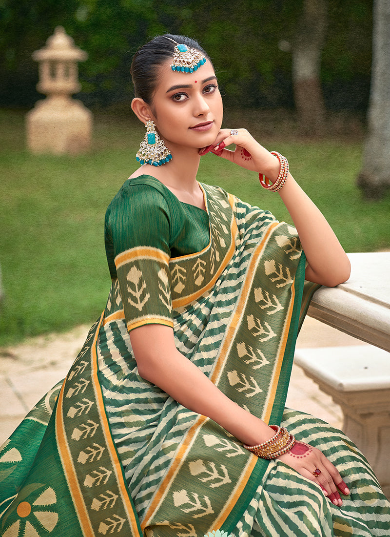 Leaf Green Multicolored Ikat Printed Patola Silk Saree