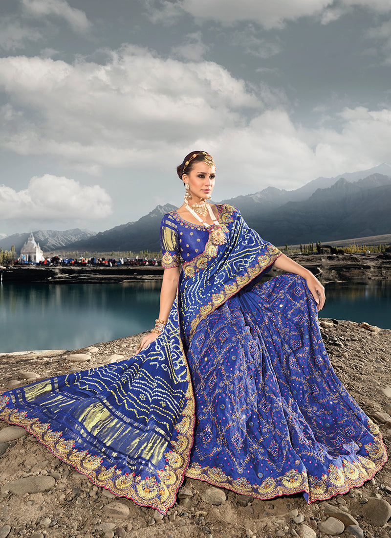 Royal Blue Multi Embroidery Bhandhej Satin Silk Saree