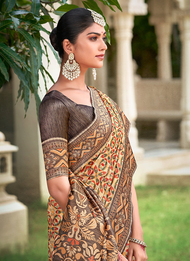 Brown Multicolored Ikat Printed Patola Silk Saree