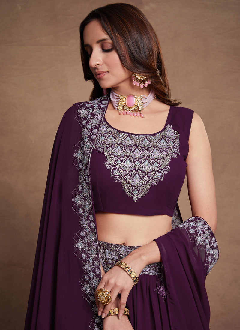 Purple Thread And Sequence Embroidery Wedding Lehenga Choli