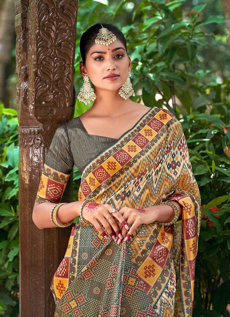 Olive Multicolored Ikat Printed Patola Silk Saree