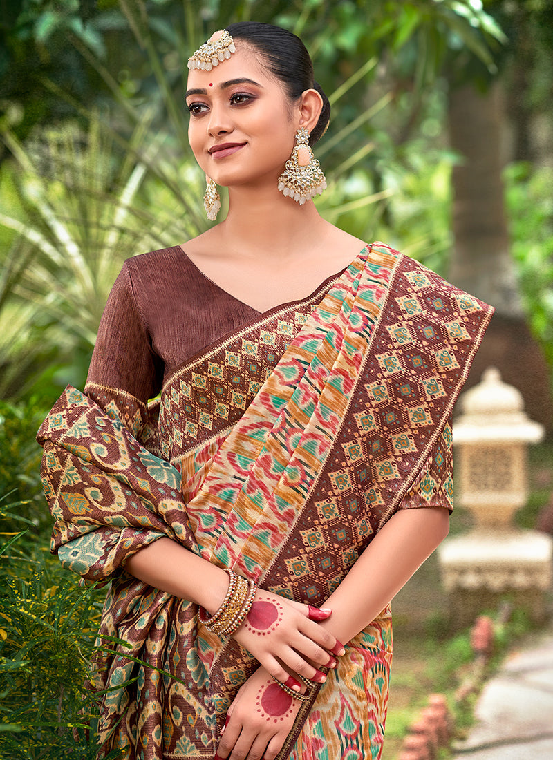 Maroon Multicolored Ikat Printed Patola Silk Saree