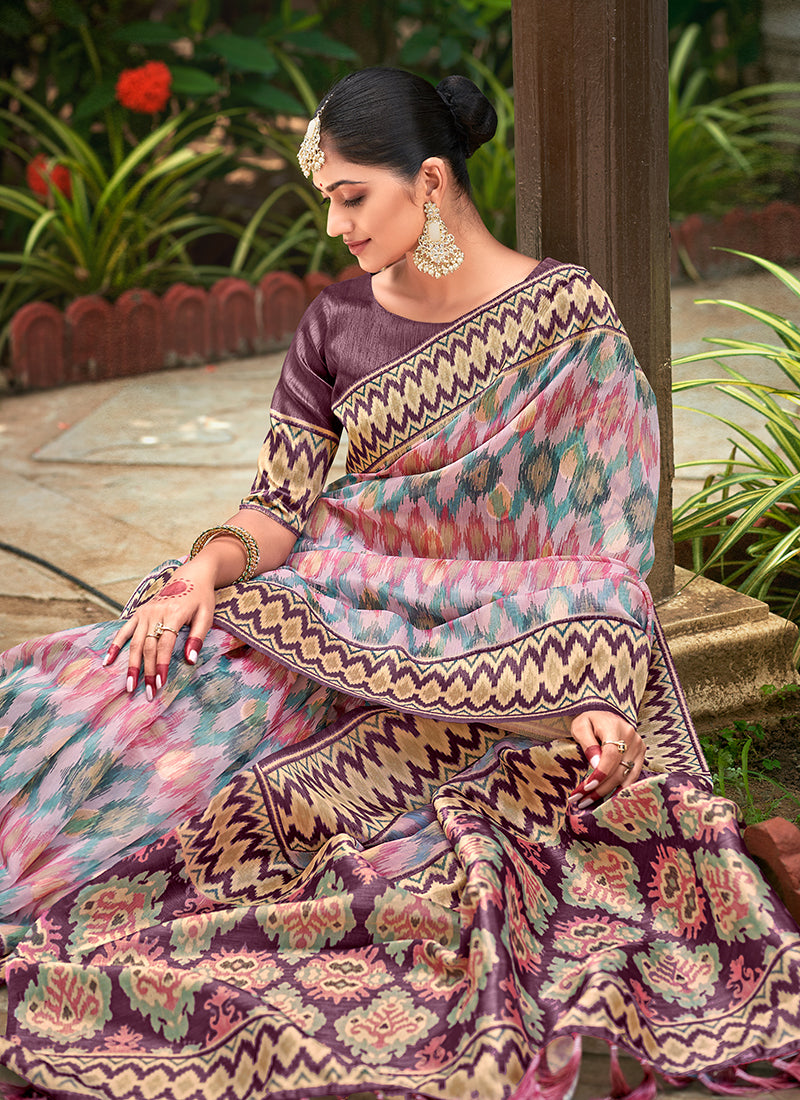 Purple Multicolored Ikat Printed Patola Silk Saree