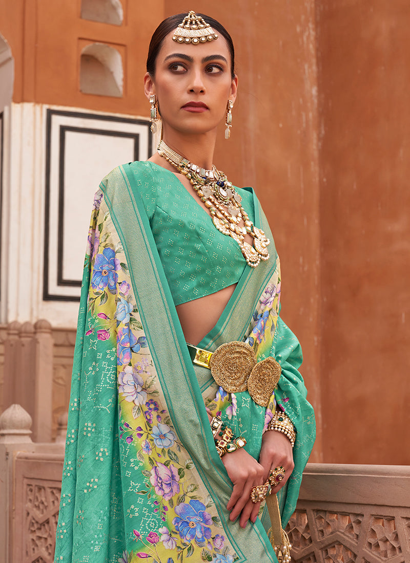 Sea Green Multi Digital Printed Fancy Floral Silk Saree