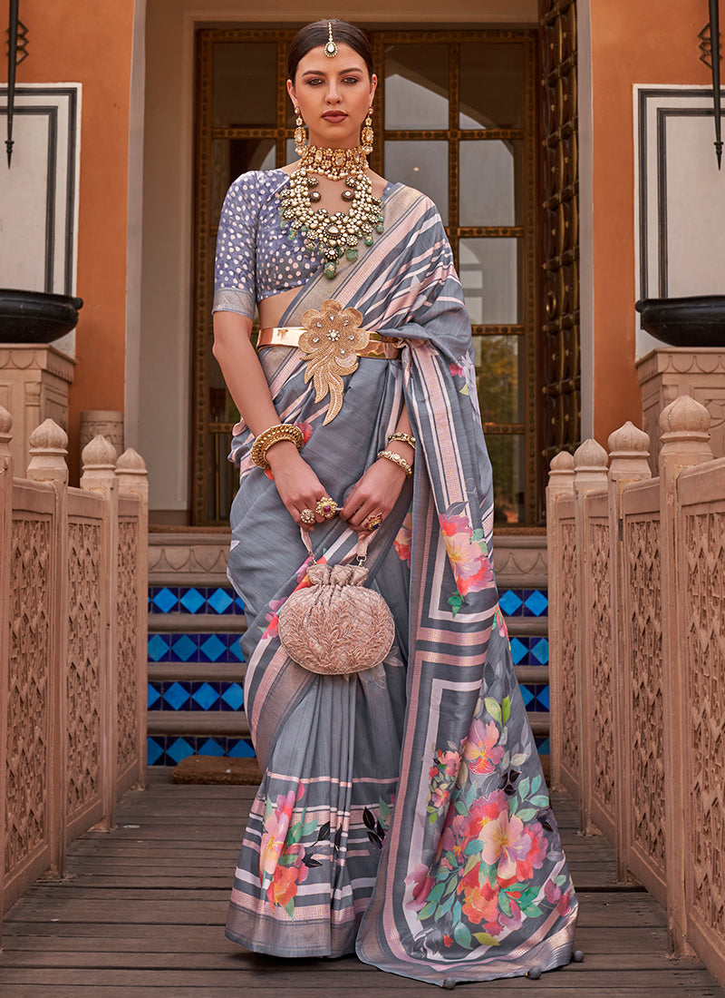 Grey Multi Digital Printed Fancy Floral Silk Saree