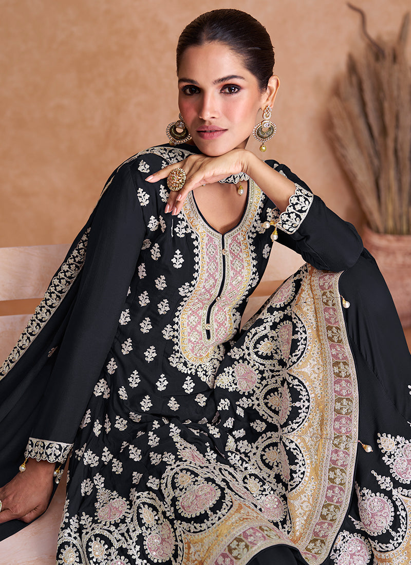 Black Multi Embroidery Wedding Gharara Style Suit