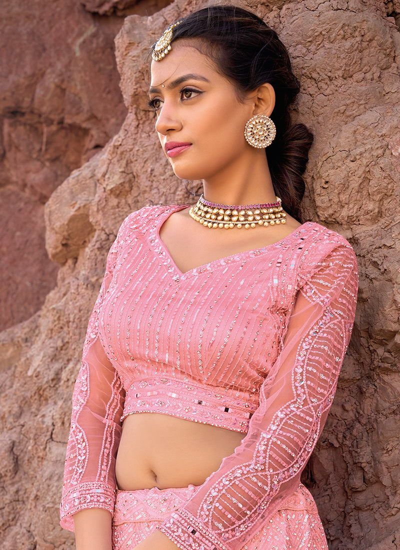 Pink Multi Handwork Embroidery Wedding Lehenga Choli