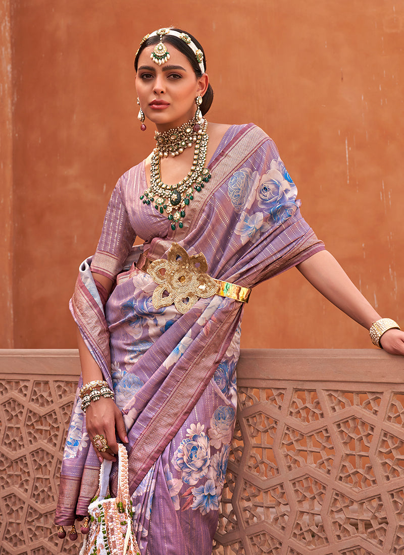 Purple Multi Digital Printed Fancy Floral Silk Saree