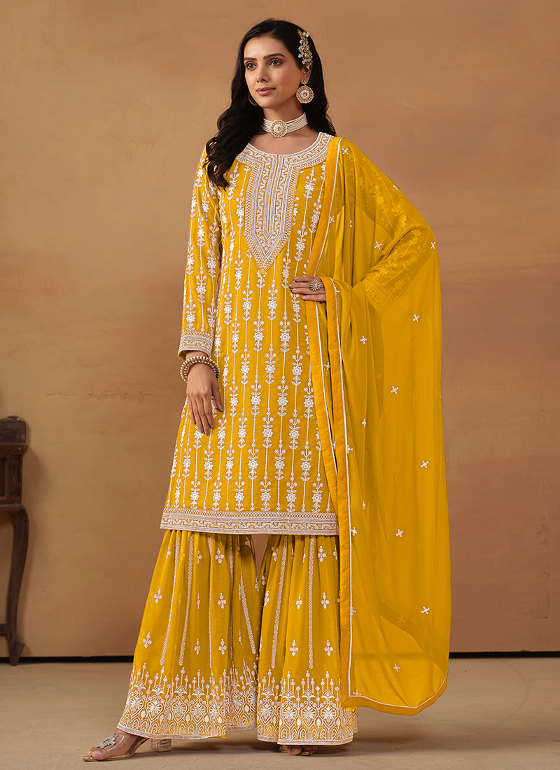 Yellow Embroidery Designer Gharara Suit