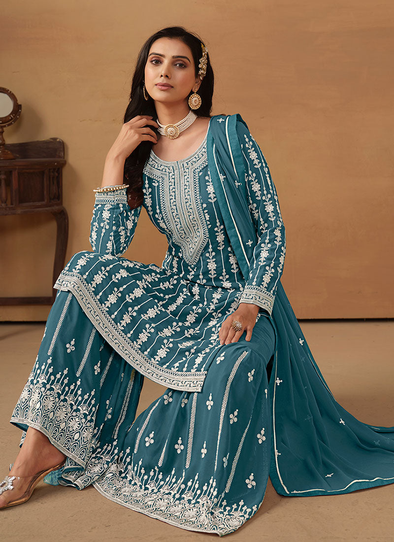 Turquoise Embroidery Designer Gharara Suit