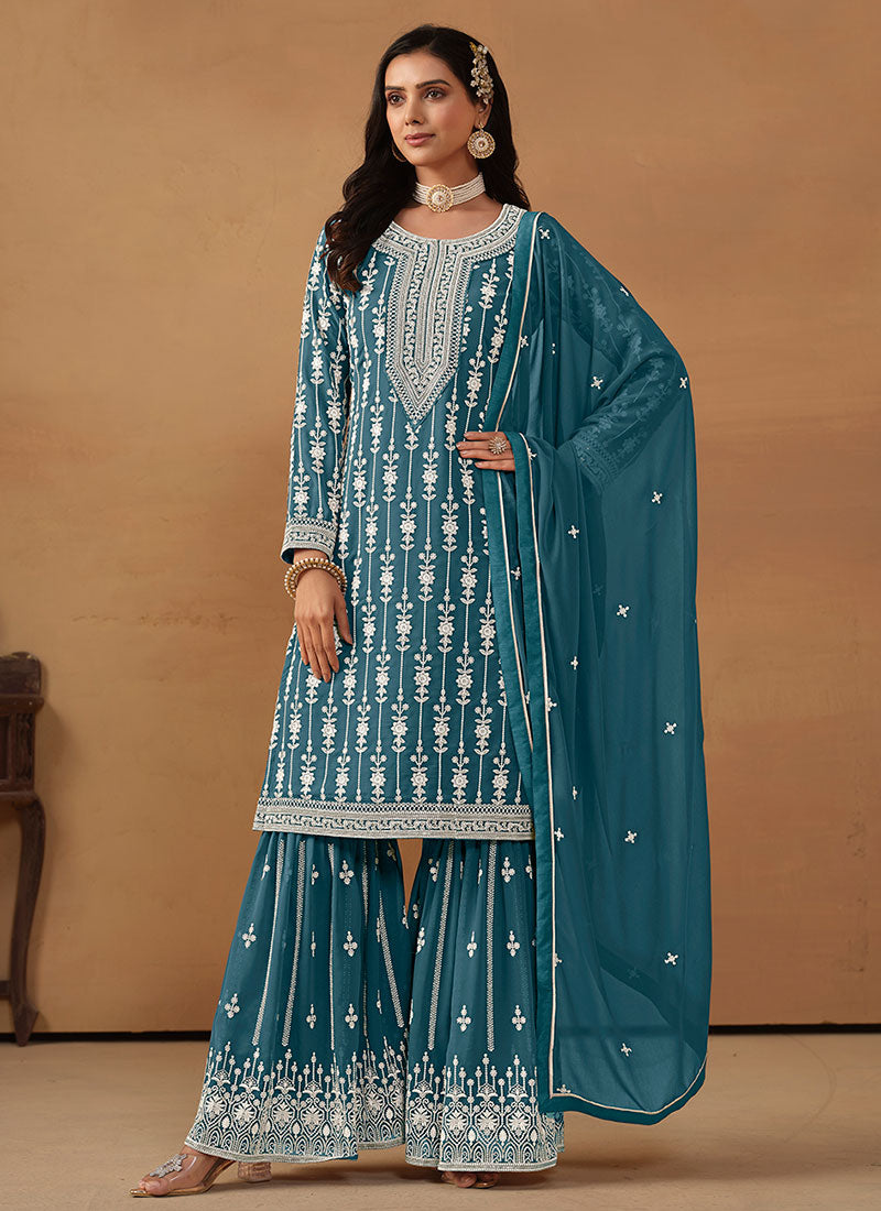 Turquoise Embroidery Designer Gharara Suit