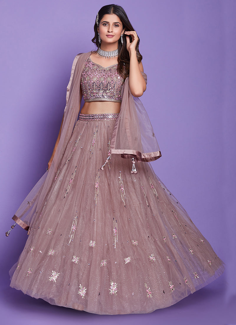 Mauve Purple Mirror Work Embroidery Wedding Lehenga Choli