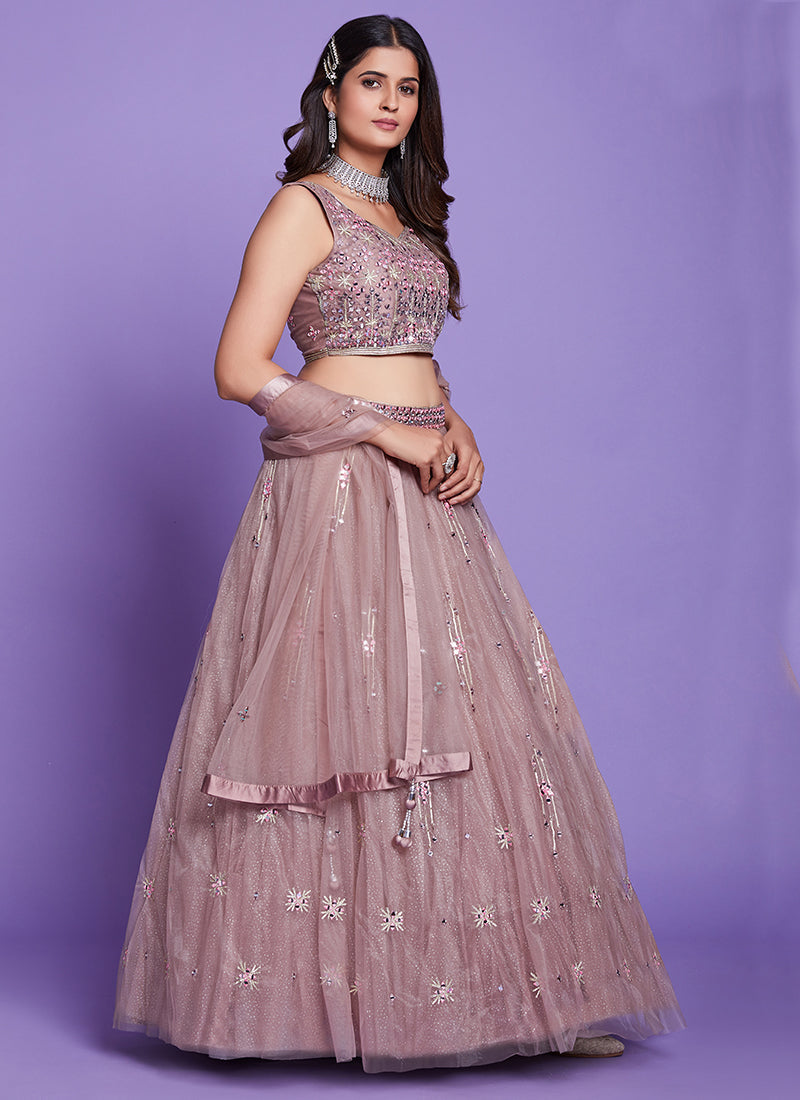 Mauve Purple Mirror Work Embroidery Wedding Lehenga Choli