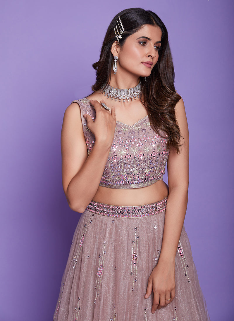 Mauve Purple Mirror Work Embroidery Wedding Lehenga Choli