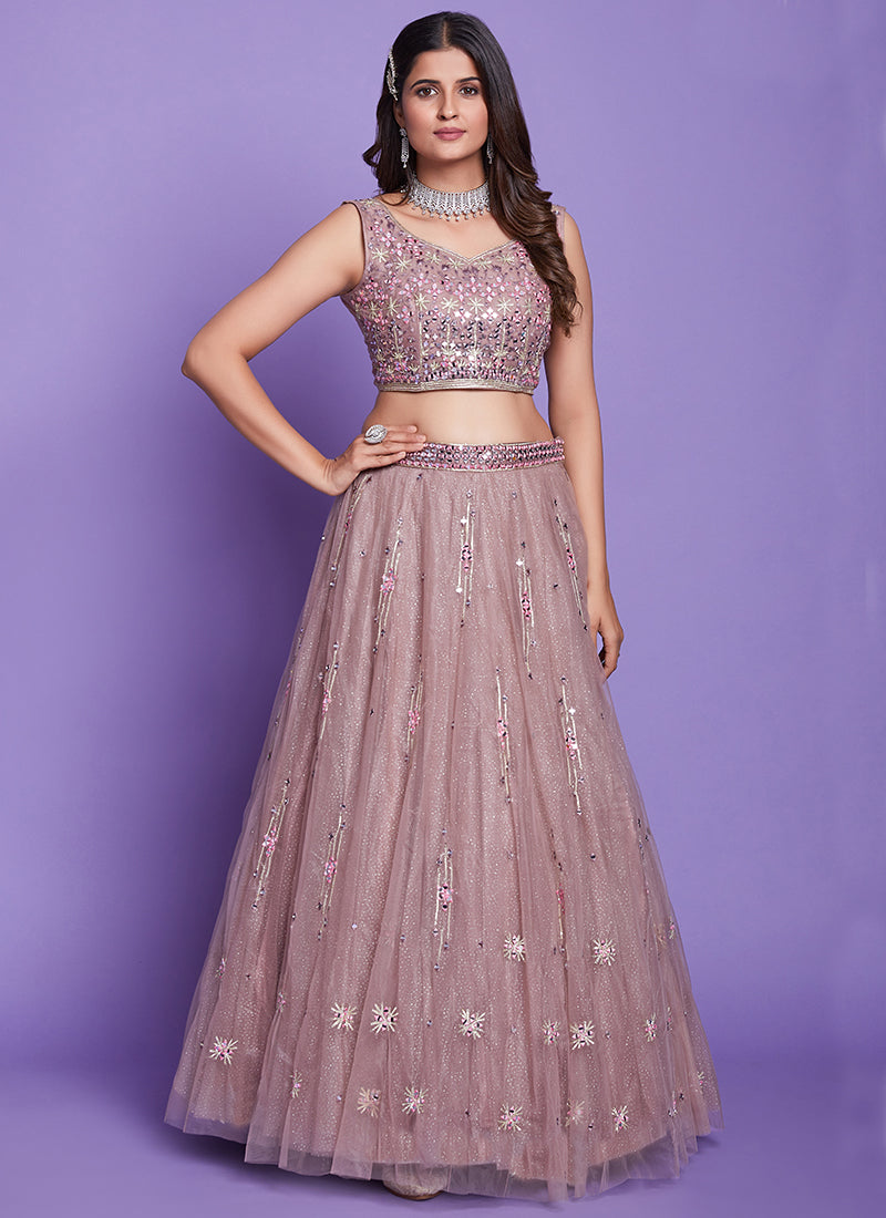 Mauve Purple Mirror Work Embroidery Wedding Lehenga Choli