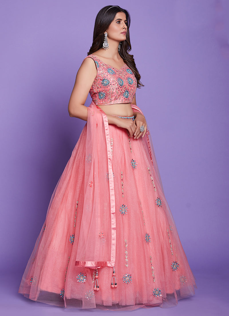 Peach Mirror Work Embroidery Wedding Lehenga Choli