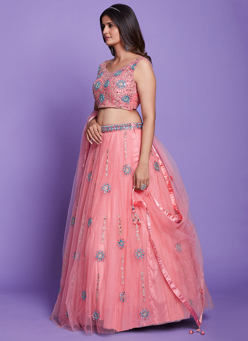 Peach Mirror Work Embroidery Wedding Lehenga Choli