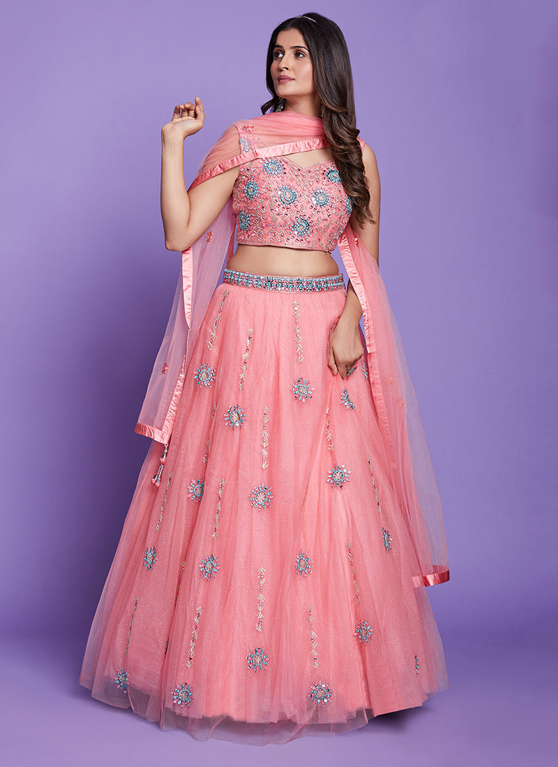 Peach Mirror Work Embroidery Wedding Lehenga Choli