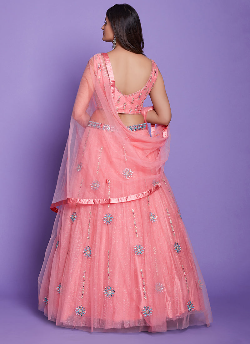 Peach Mirror Work Embroidery Wedding Lehenga Choli