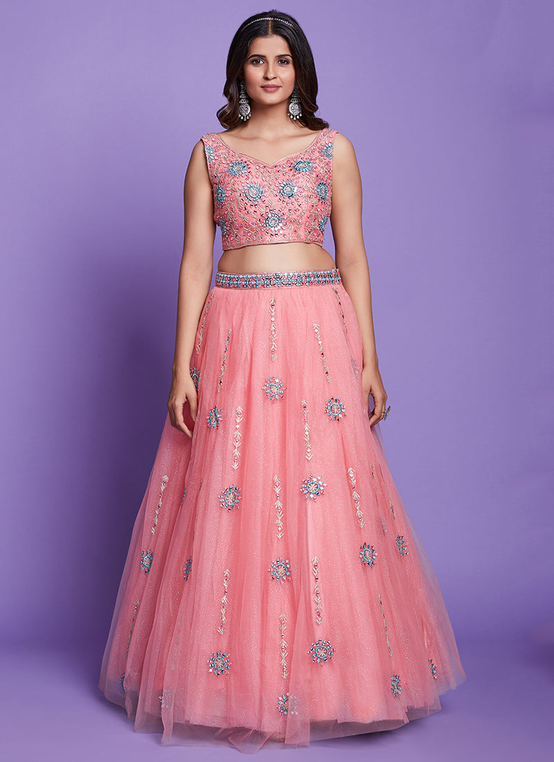 Peach Mirror Work Embroidery Wedding Lehenga Choli