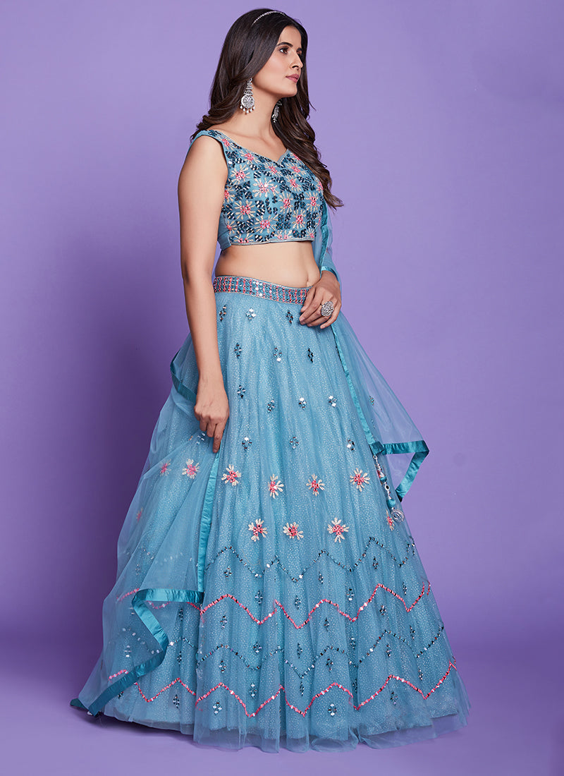 Aqua Blue Mirror Work Embroidery Wedding Lehenga Choli