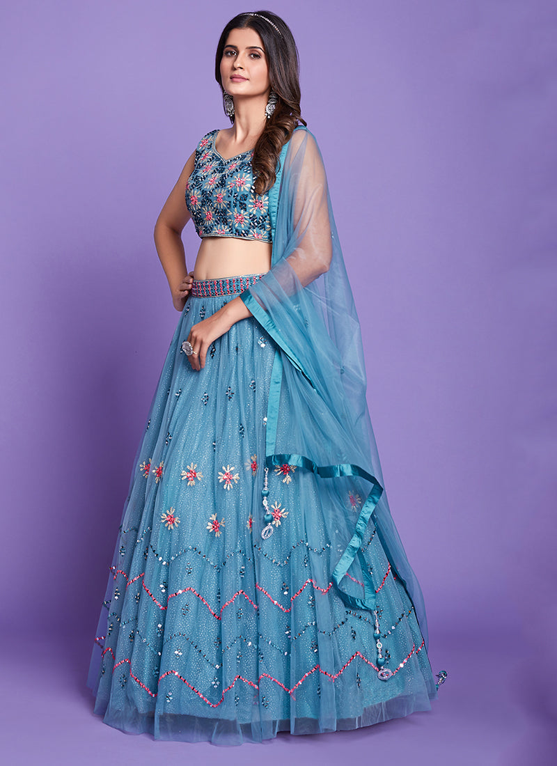 Aqua Blue Mirror Work Embroidery Wedding Lehenga Choli