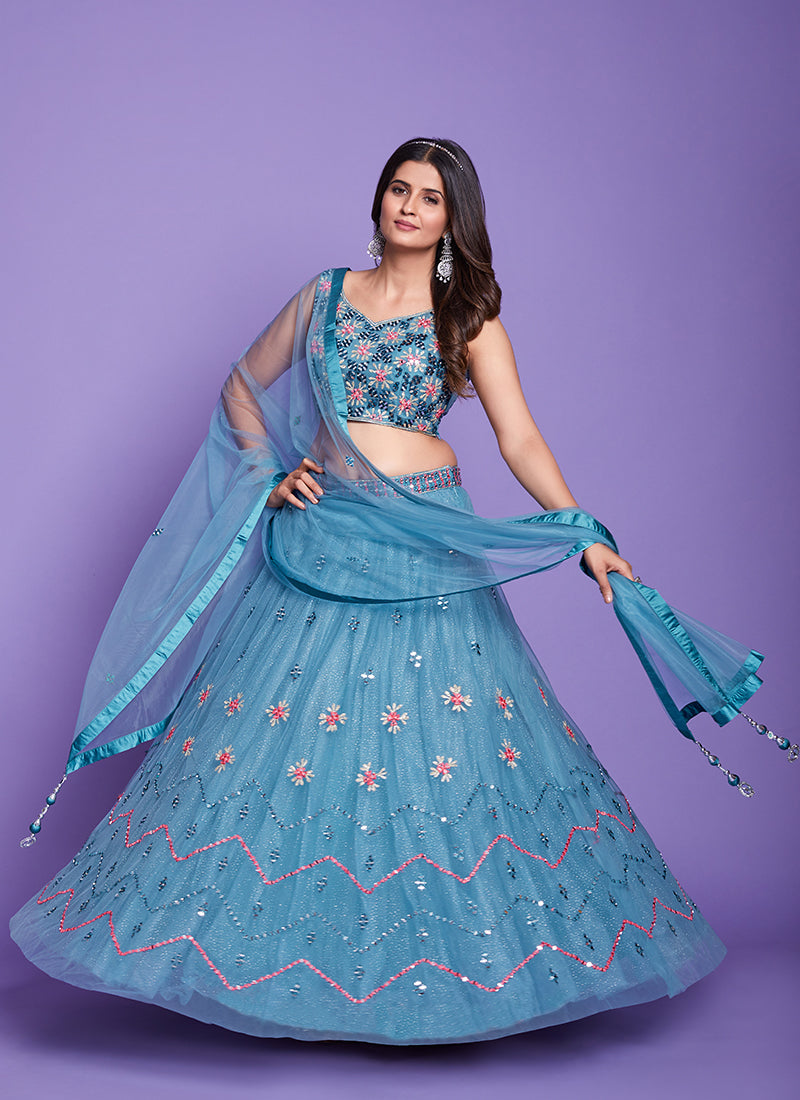 Aqua Blue Mirror Work Embroidery Wedding Lehenga Choli