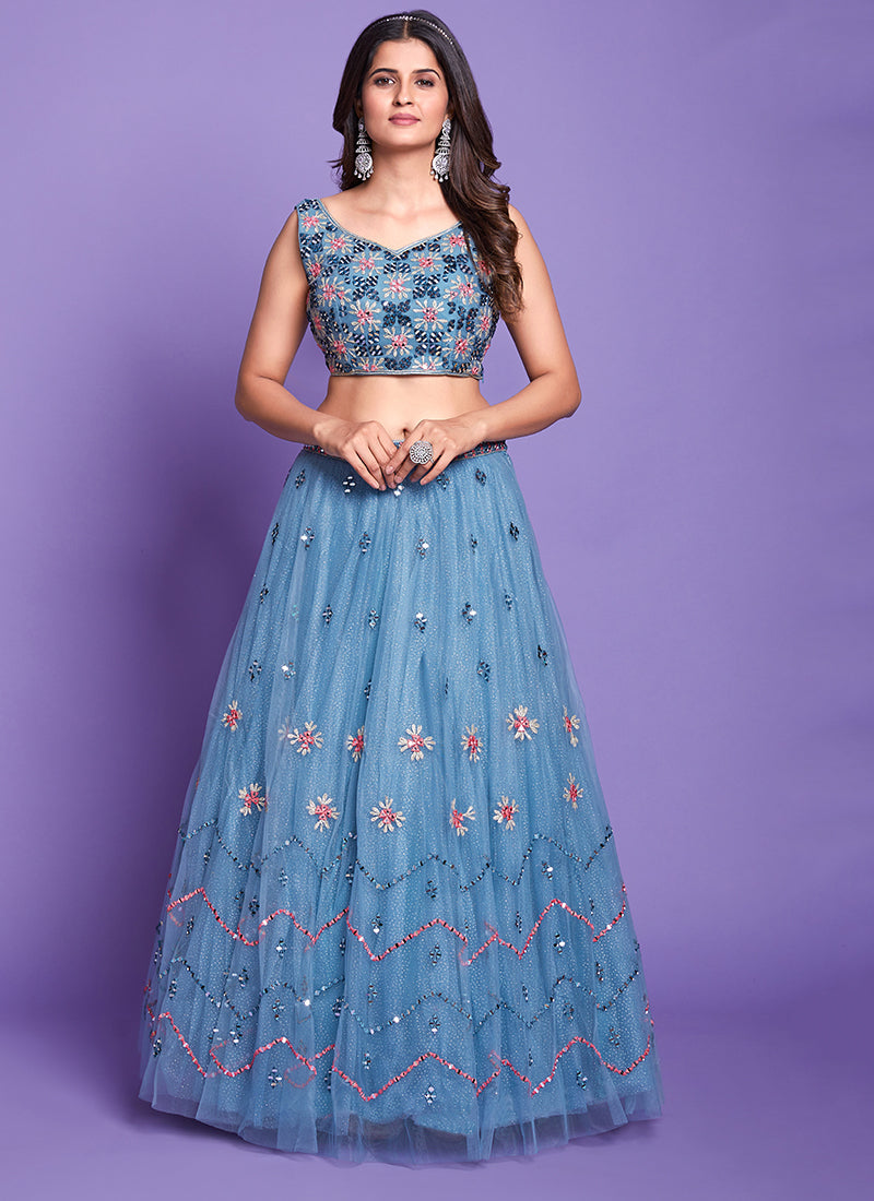 Aqua Blue Mirror Work Embroidery Wedding Lehenga Choli