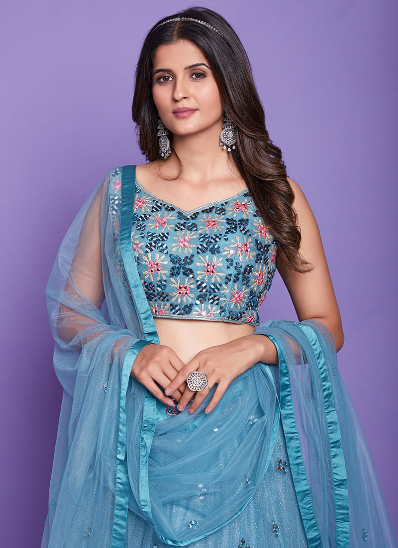 Aqua Blue Mirror Work Embroidery Wedding Lehenga Choli