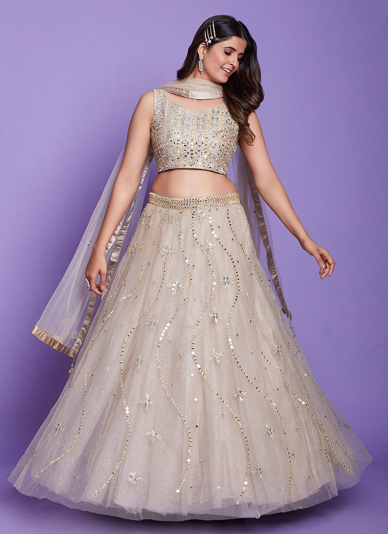 Lilac Purple Mirror Work Embroidery Wedding Lehenga Choli