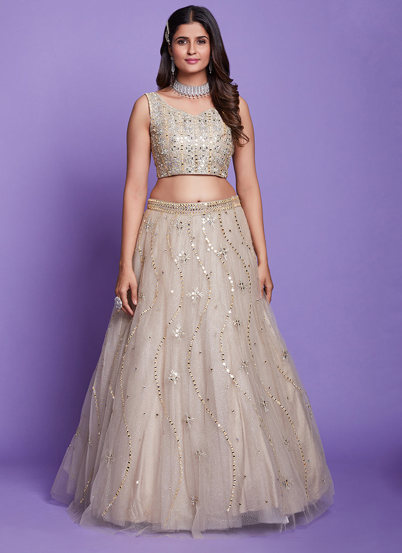 Lilac Purple Mirror Work Embroidery Wedding Lehenga Choli