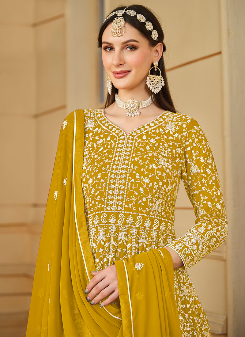 Yellow Thread Embroidery Georgette Anarkali Suit