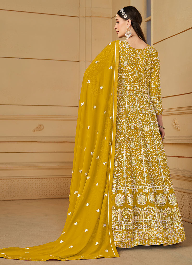 Yellow Thread Embroidery Georgette Anarkali Suit